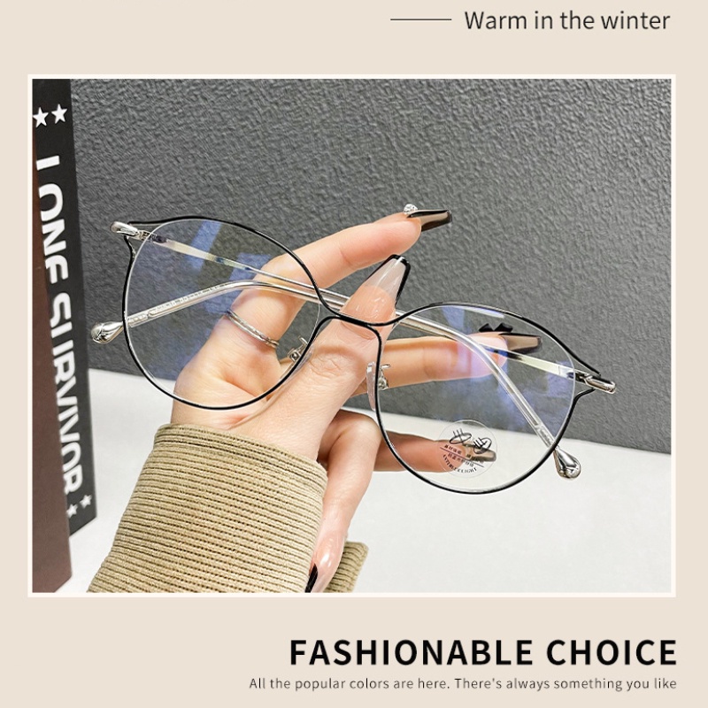 (YUZHU) Lensa Yang Dapat Diganti Kebesaran Kacamata Korea Fashion Logam Bingkai Bulat Anti Cahaya Biru Eyeglasses