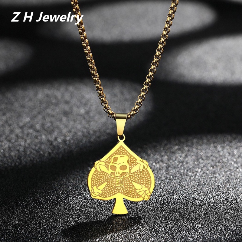 Z H Perhiasan Stainless Steel Poker Beruntung Sekop A Kerangka Liontin Berlapis Emas 18K Pria Dan Wanita Kalung Pesta Rock Punk Aksesoris Fashion Hadiah