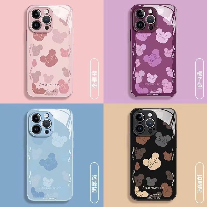 IPHONE Casing Ponsel Kaca Anti Jatuh Beruang Silver Dan Hitam Kompatibel Dengan Iphone12 13 14 11 Pro Max X Xs Max Xr Kkjn