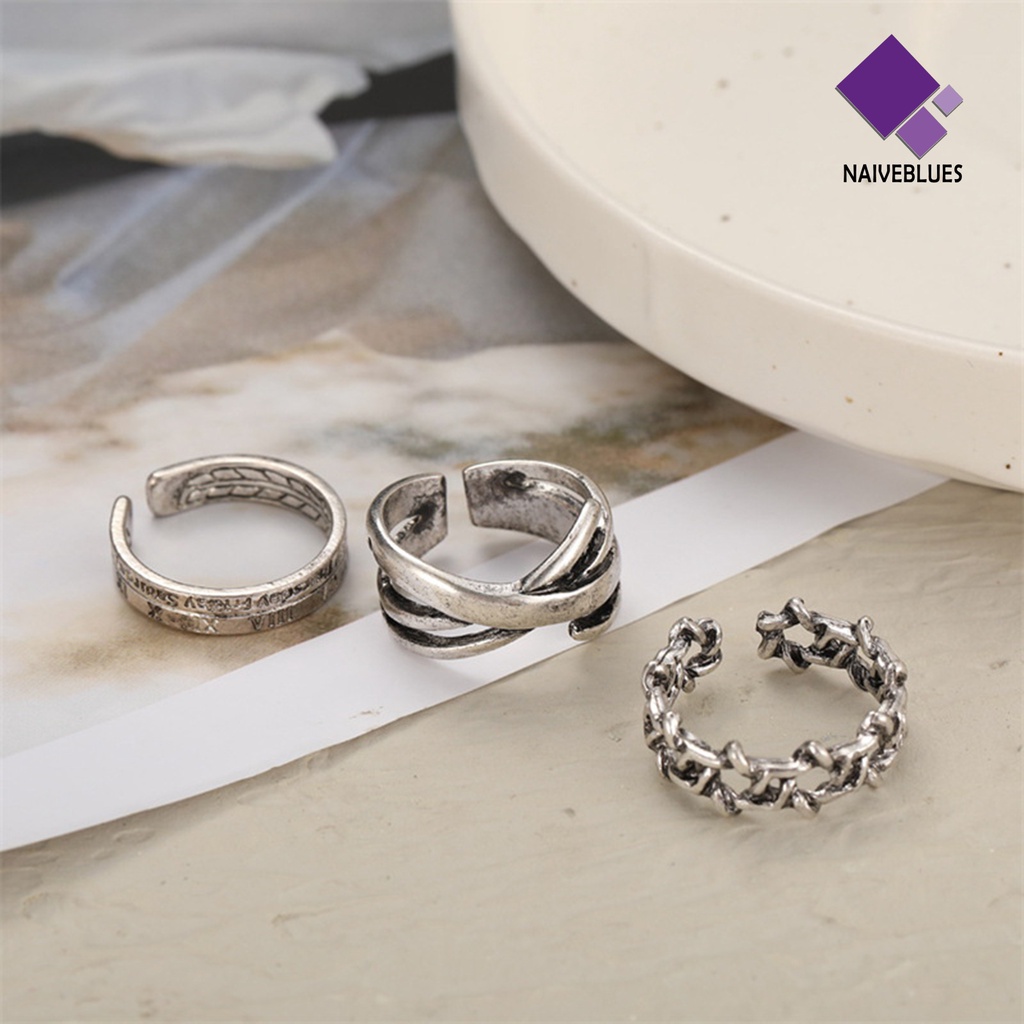 &lt; Naiveblues &gt; 3Pcs/Set Cincin Wanita Set Vintage Pink Hip Hop Geometri Bukaan Dekoratif Ladies Hexagram Angka