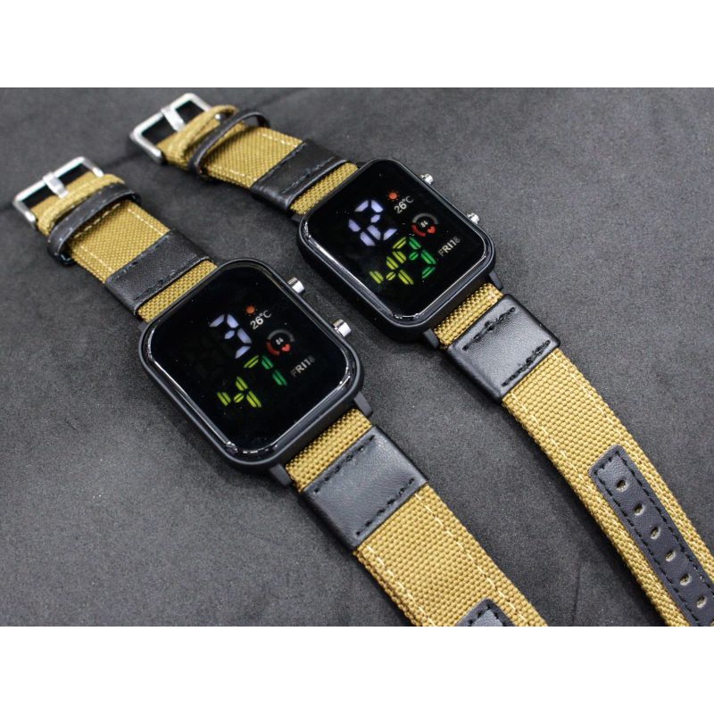 JAM TANGAN WANITA PRIA LED DIGITAL COUPLE CURVED TALI NYLON KANVAS JSS3397 TERBARU