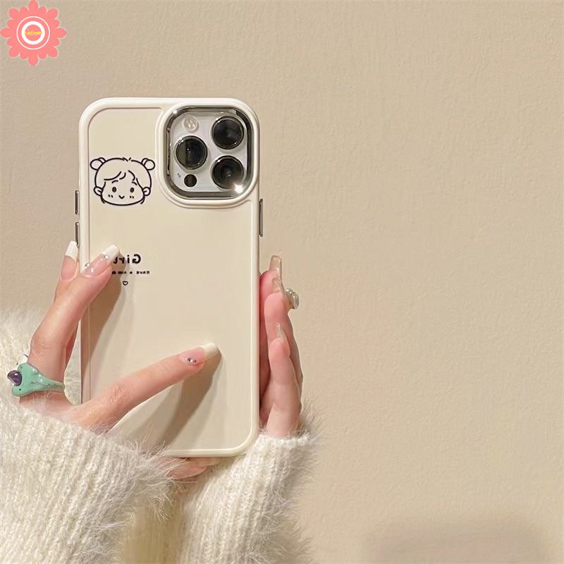 IPHONE Pasangan Cute Boy Girl Case Kompatibel Untuk Iphone7 8plus11 13 14 12 Pro MAX X XR 8plus XS MAX 7plus Bingkai Lensa Logam Plating Sederhana Lembut Tpu Penutup Belakang