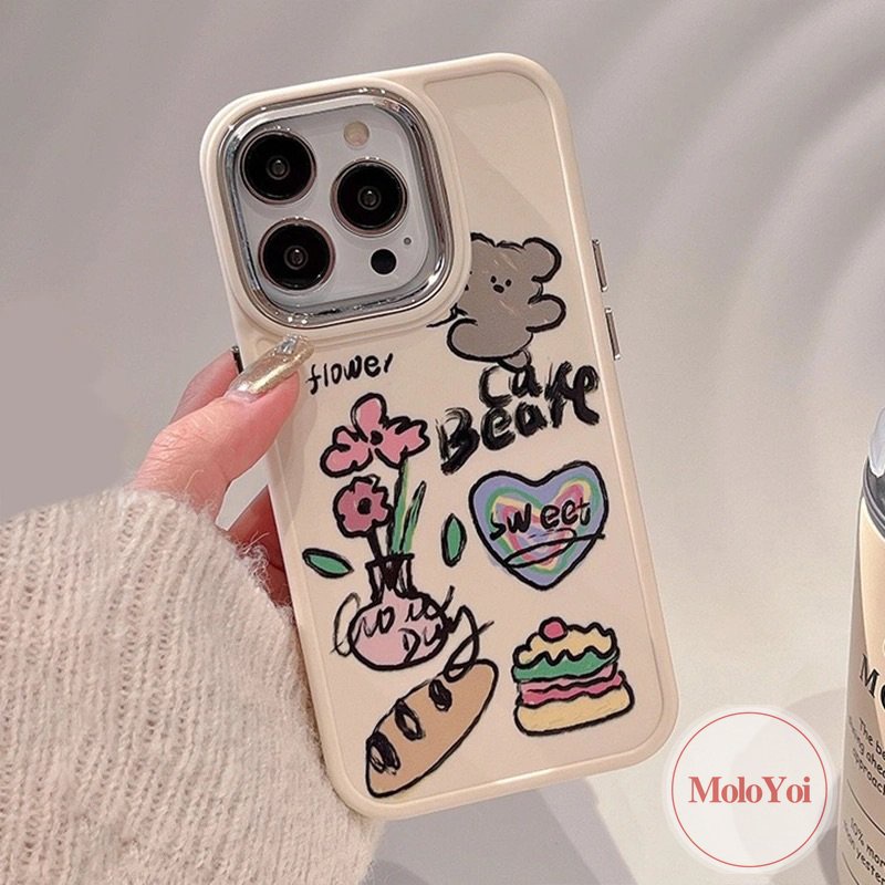 Cinta Hati Lucu Kucing Anjing Beruang Casing Ponsel Kompatibel Untuk IPhone 7Plus 11 13 14 12 Pro Max XR 87 Plus X XS Max Art Kartun Graffiti Bunga Plating Bingkai Lensa Logam Soft Cover