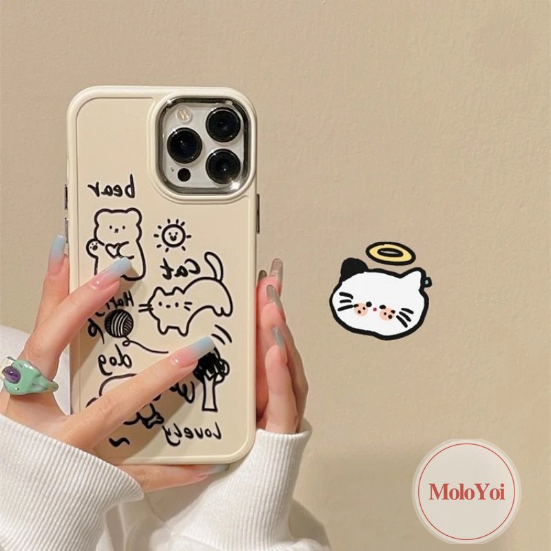 Cinta Hati Lucu Kucing Anjing Beruang Casing Ponsel Kompatibel Untuk IPhone 7Plus 11 13 14 12 Pro Max XR 87 Plus X XS Max Art Kartun Graffiti Bunga Plating Bingkai Lensa Logam Soft Cover