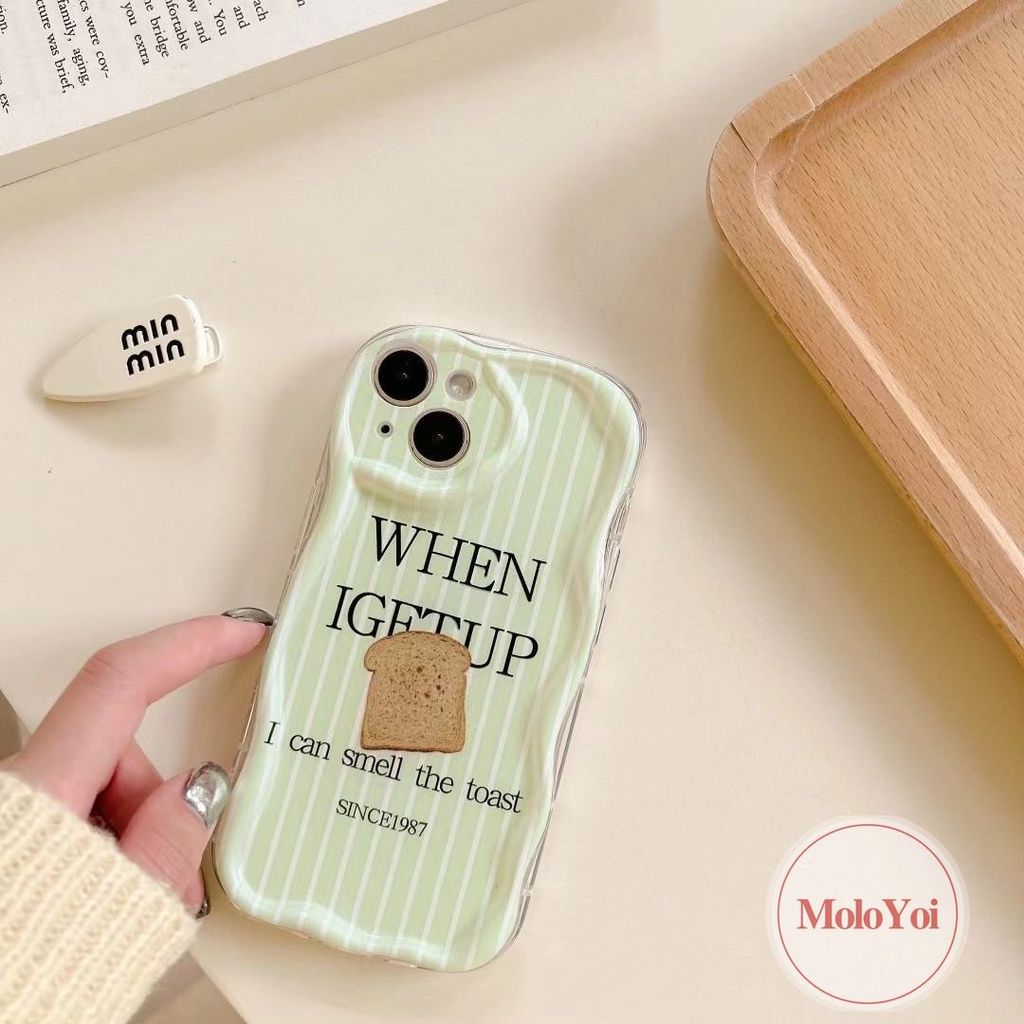 IPHONE Creative Toast Bread 3D Wavy Curved Edge Case Kompatibel Untuk Iphone11 14 13 12 Pro Max 7Plus XR X XS Max 6s 7 6 8 Plus SE 2020 Soft Glossy Green Shockproof Phone Cover