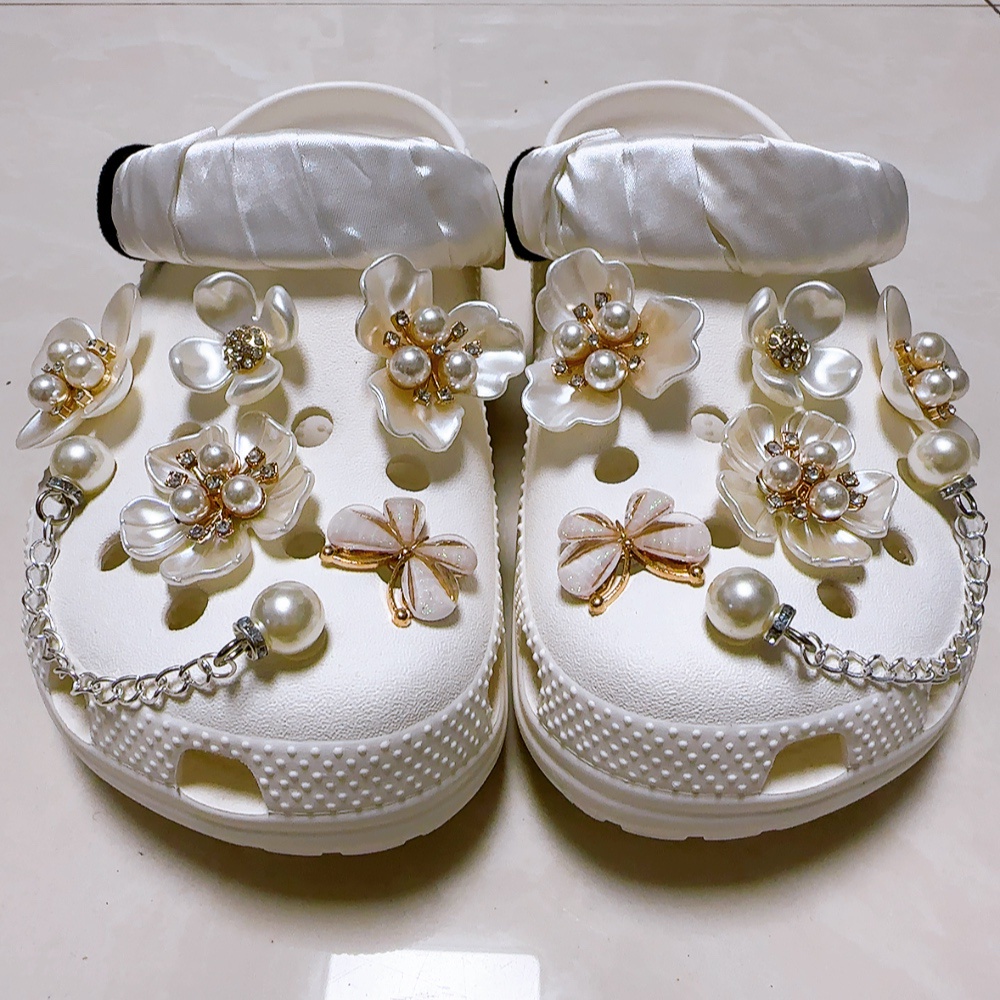 10pcs+2chain Baroque Pearl Flower Set Crocs Jibbitz Charm Diy Aksesoris Sepatu Wanita Pesona Sepatu Untuk Wanita/Cewek [Tidak Termasuk Sepatu]