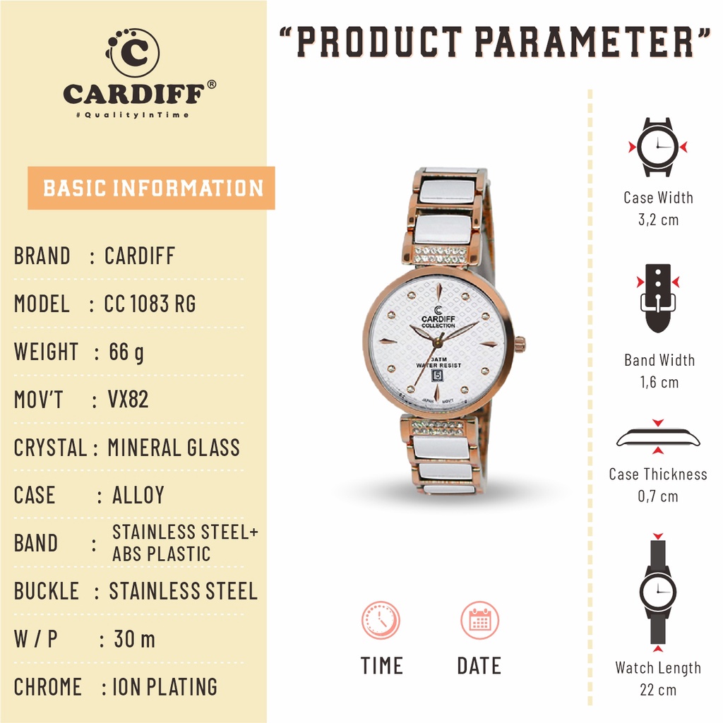CARDIFF CC 1083 Jam Tangan Rantai Cewek Kasual Water Resist Cewek (Tanggal)