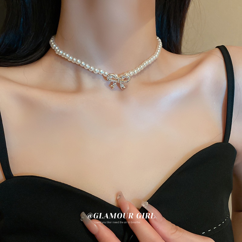 Ifyou Kalung Klavikula Busur Kristal Mewah Choker Rantai Manik Mutiara Untuk Aksesoris Perhiasan Wanita