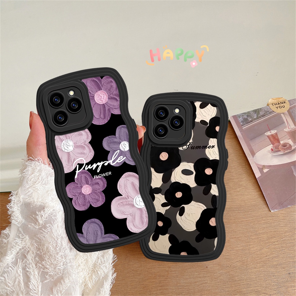 IPHONE Case Kompatibel Untuk Iphone13 14 8 6 6s Plus 11 12 Pro Max X 7Plus XS Max XR SE 2020 Hitam Ungu Bunga Lukisan Minyak Wavy Edge Soft Case Cover