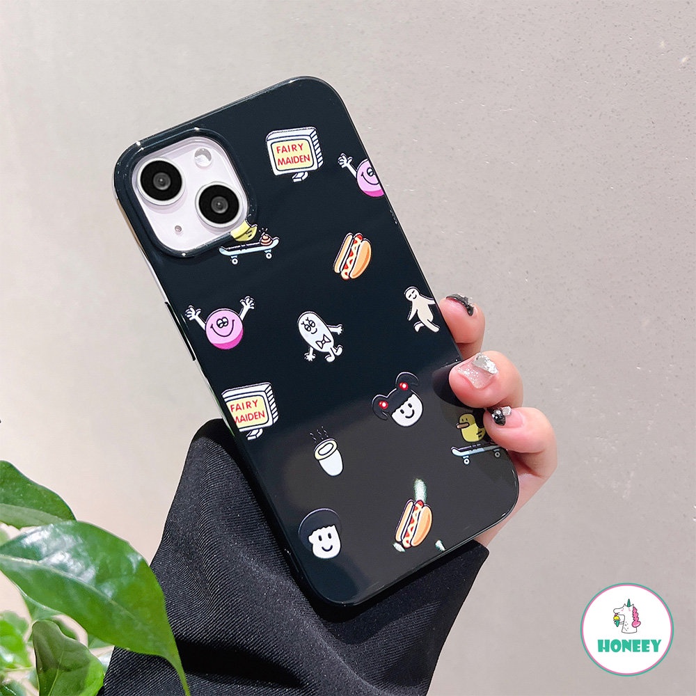 IPHONE Kartun Lucu Stiker Layar Penuh Ponsel Case Kompatibel Untuk Apple14 Untuk Iphone11 13 14 12 Pro Max XS XR 78 Plus Hitam Glossy Lembut TPU Shockproof Cover