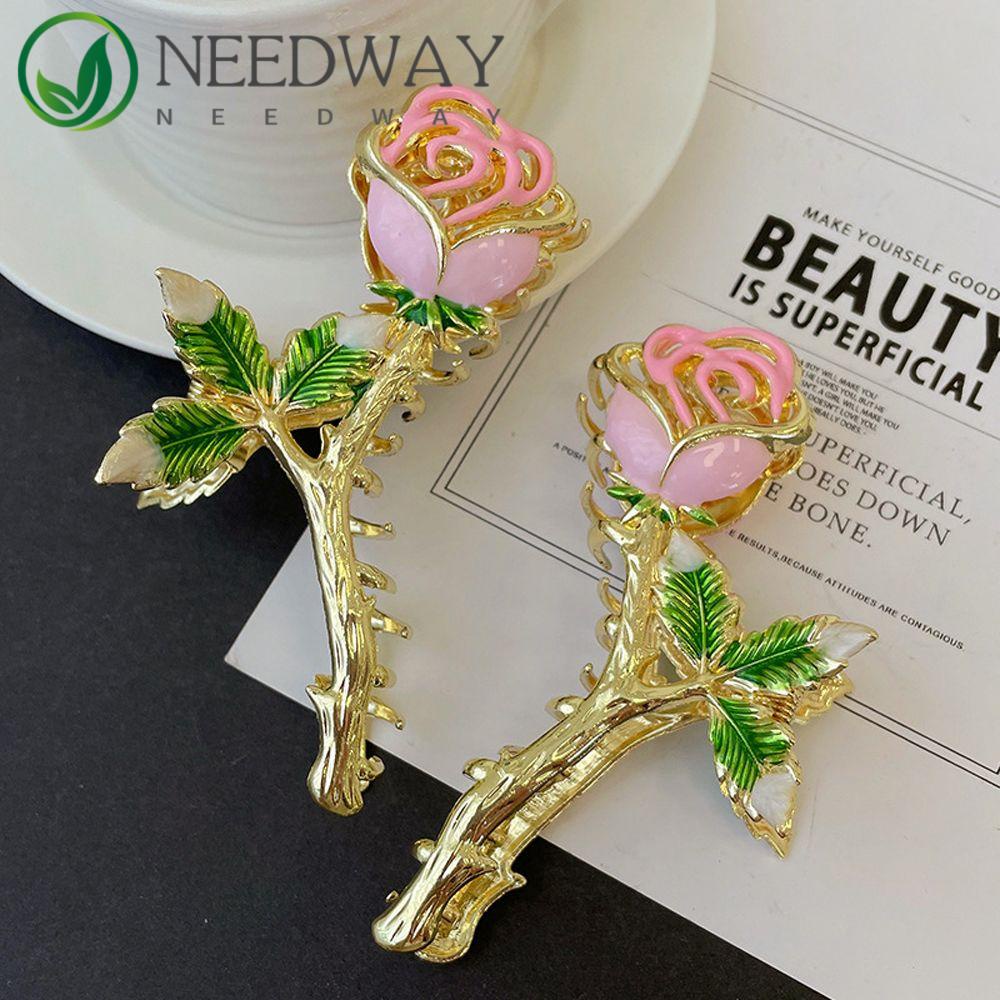 Needway   Female Hair Claw French Luxury Pink Daun Headdres Peri Mawar Hiu Klip