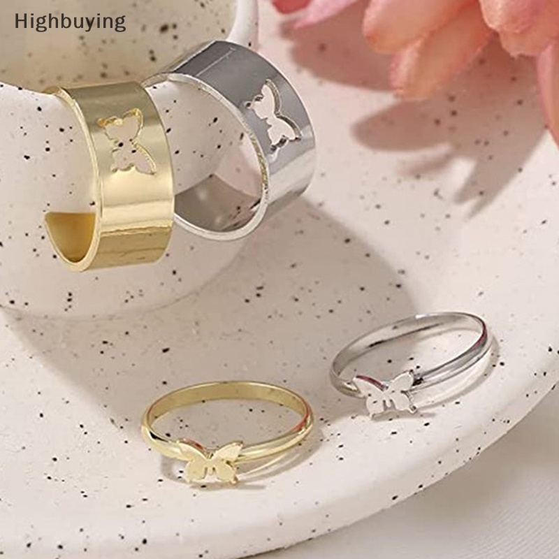 Hbid 2pcs Cincin Kupu-Kupu Wanita Pria Couple Love Warna Silver Rings Set Glory