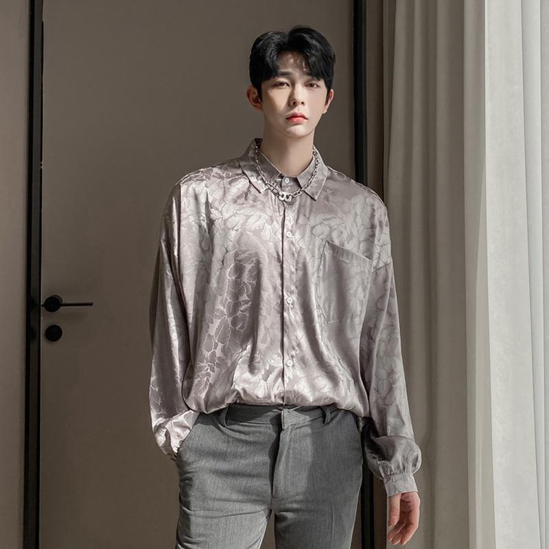 Silk smooth satin jacquard long sleeved shirt for men