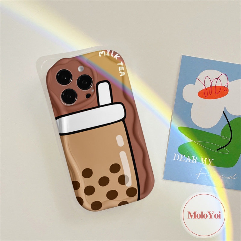 IPHONE Kartun Milk Tea Cute Smiley Back Case Kompatibel Untuk Iphone11 12 14 13 Pro Max XR X XS Max 7Plus 8 6s 7 6 Plus 8Plus SE 2020 Kreatif 3D Wavy Curved Edge Phone Soft Tpu Cover