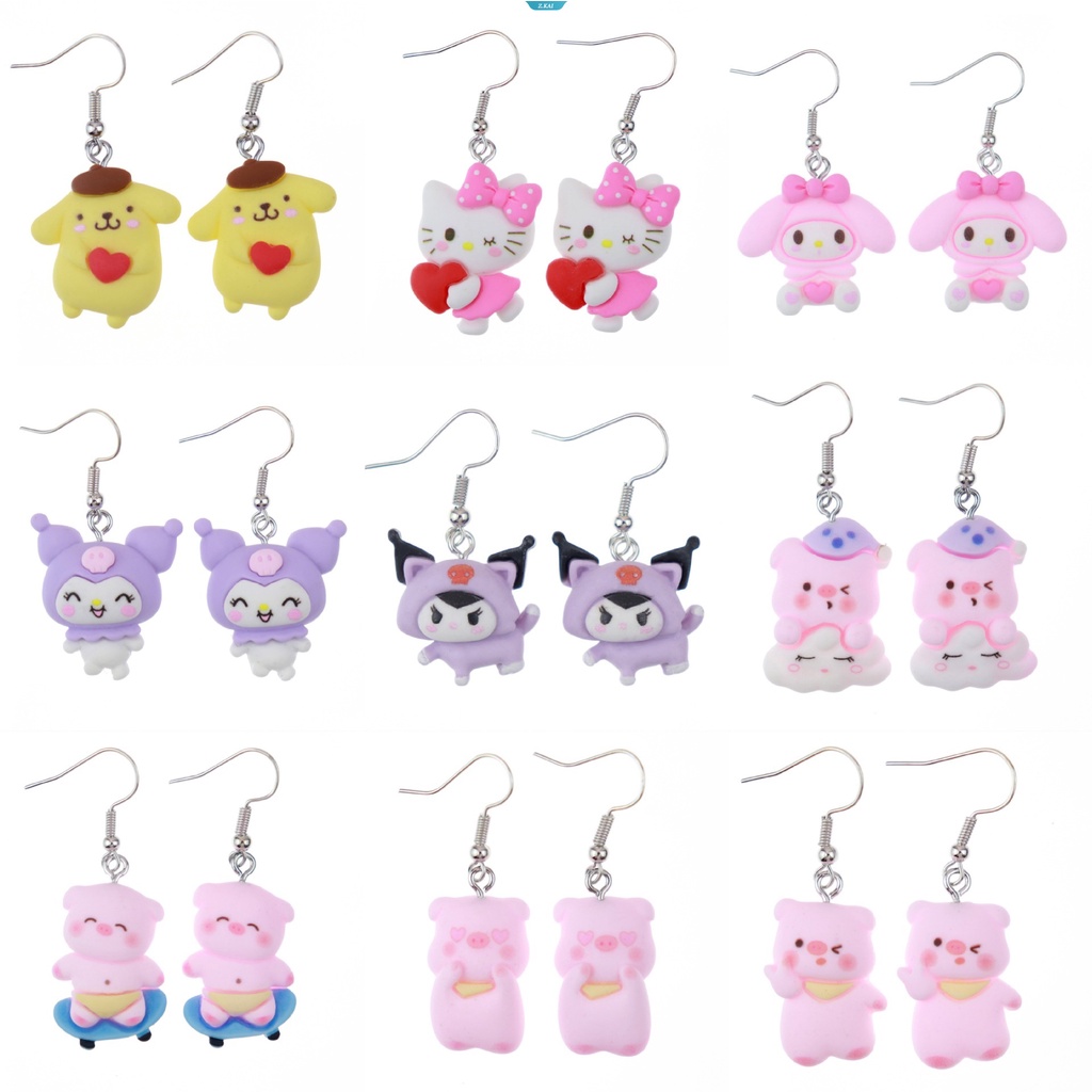 Kawaii Sanrios MyMelody Pom Pom Purin Kuromi HelloKitty Kirby Kartun Anime Anting Lucu Kreatif Alloy Earrings Metal Pendant Perhiasan Hadiah [ZK]