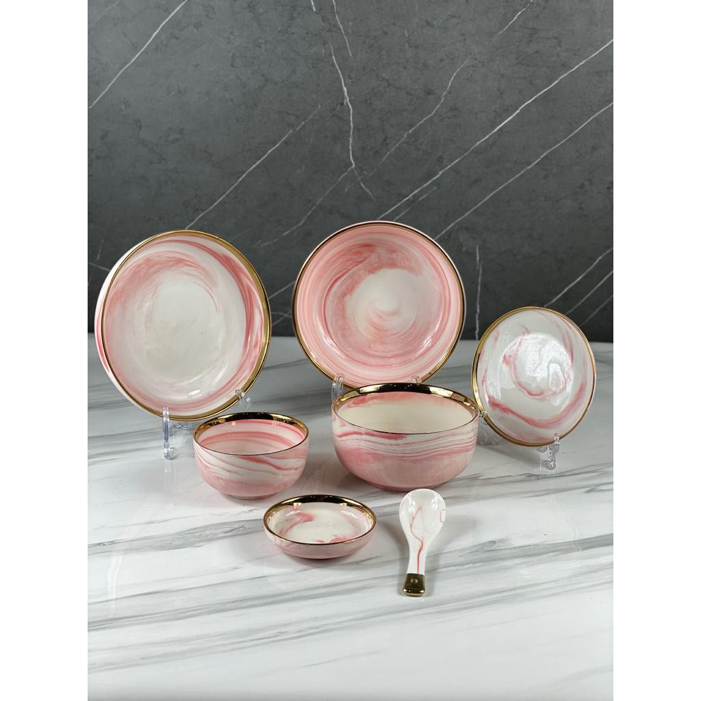 Piring Set 4 Orang Piring Makan Set Keramik Pink Marble Isi 18 Pcs / Piring Set Keramik List Emas / 