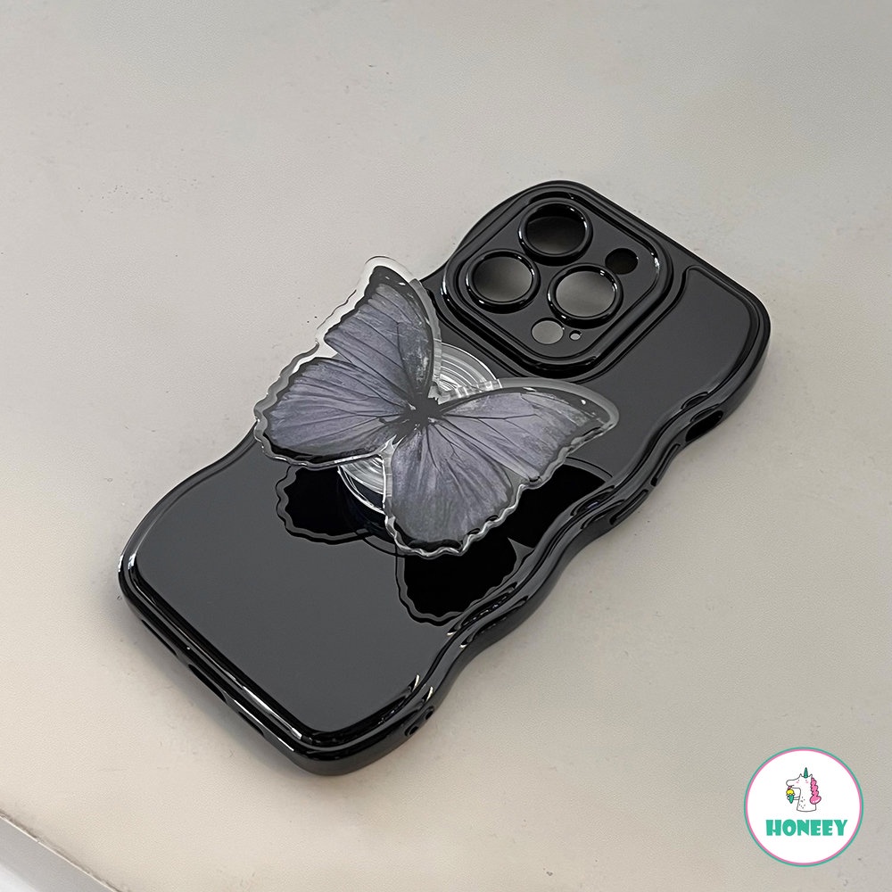 IPHONE Ins Casing Ponsel Premium Kompatibel Untuk Iphone14 13 12 11 Pro Max14 Plus Butterfly Holder Silikon Hitam Soft Case