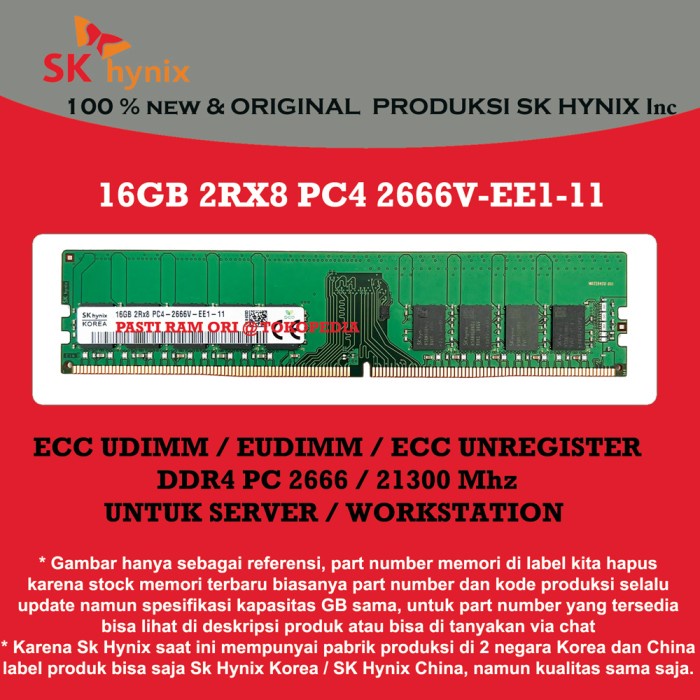 SK Hynix Ram For Server DELL T40/T140/R240/T340 ECC DIMM 16GB PC2666