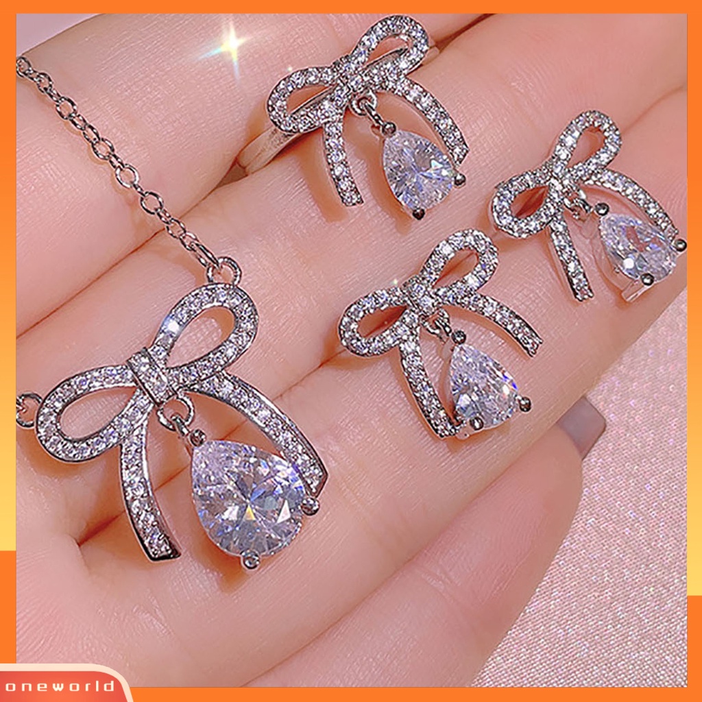 [ONE] Wanita Kalung Busur Berlian Imitasi Perhiasan Berkilau Terang Kilau Cincin Anting Kalung Perhiasan Hadiah