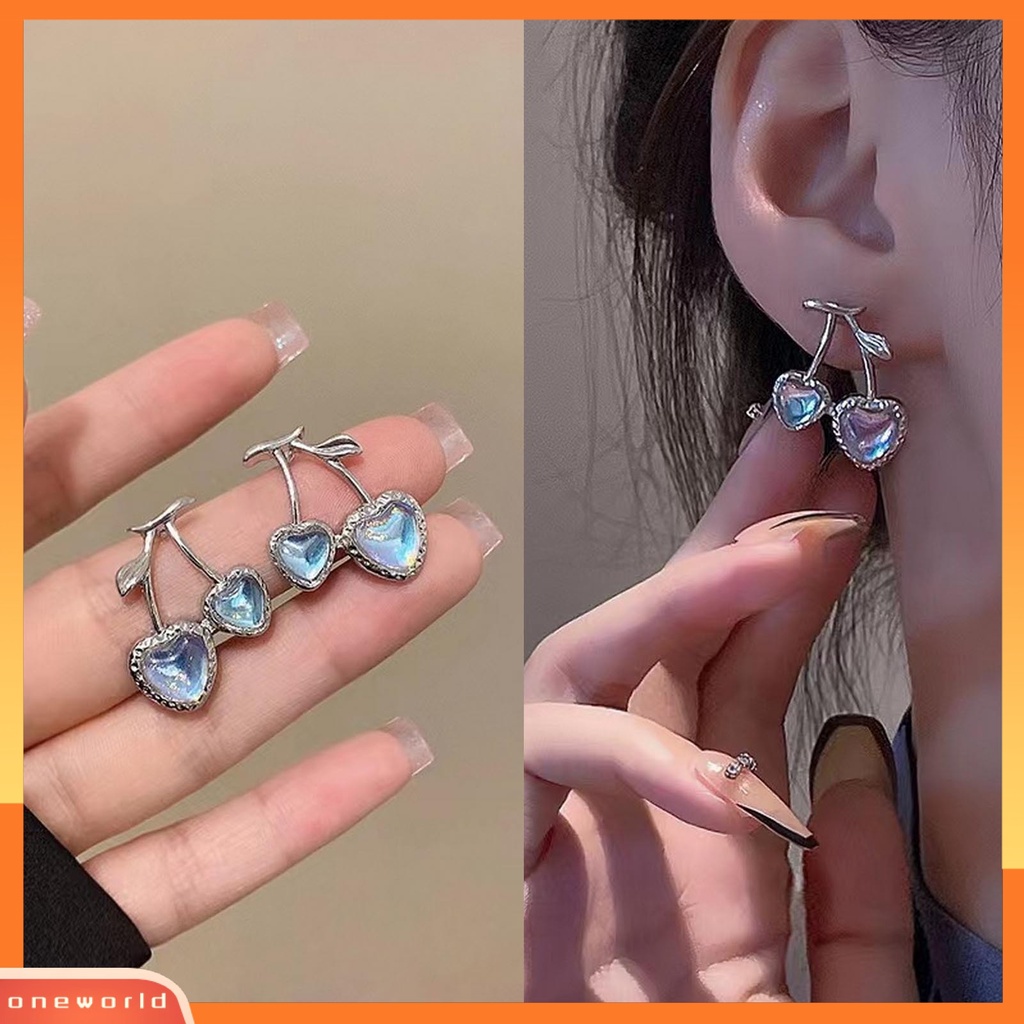 [ONE] Lucu Manis Cherry Stud Earrings Shiny Light Blue Berlian Imitasi Earrings Pesta Perjamuan Wanita Fashion Perhiasan Hadiah