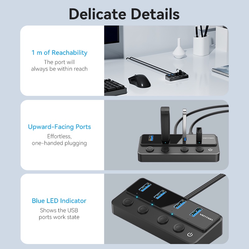 Vention 5In1 USB 3.0 Multi Port USB HUB Dengan Saklar Daya Individu USB-C 5Gbps Smart Charging Port USB C Adapter