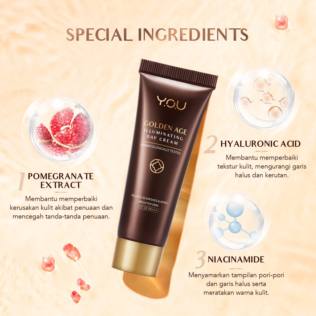 YOU Golden Age Illuminating Day Cream SPF 30 PA+++ 18g | Skin Care Krim Wajah Anti Aging with Hyaluronic Acid + Calendula VITAMINKU