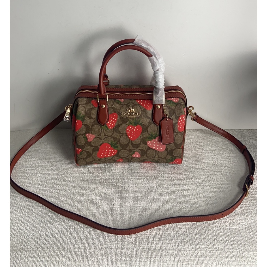 Coach Rowan Satchel Signature Canvas and Leather with Strawberry Print