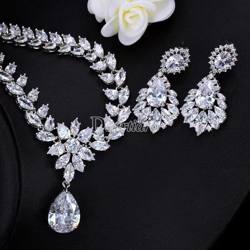 Set Perhiasan Kristal Zirkon Mewah Pernikahan Pengantin Kalung Anting Kit