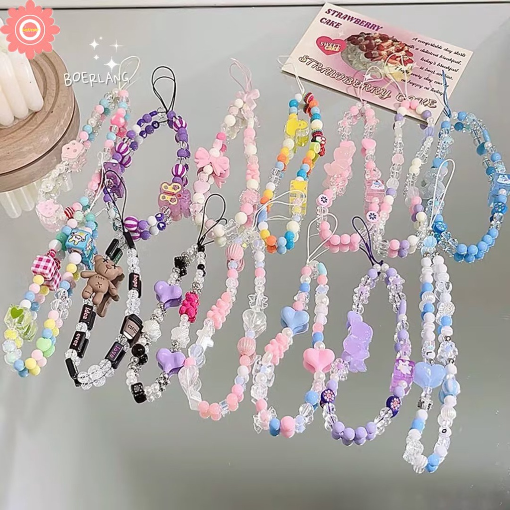 Charm Multicolor Resin Heart Bowknot Mobile Phone Chains for Women Girls Telephone Jewelry Strap Beaded Lanyard Hanging Cord