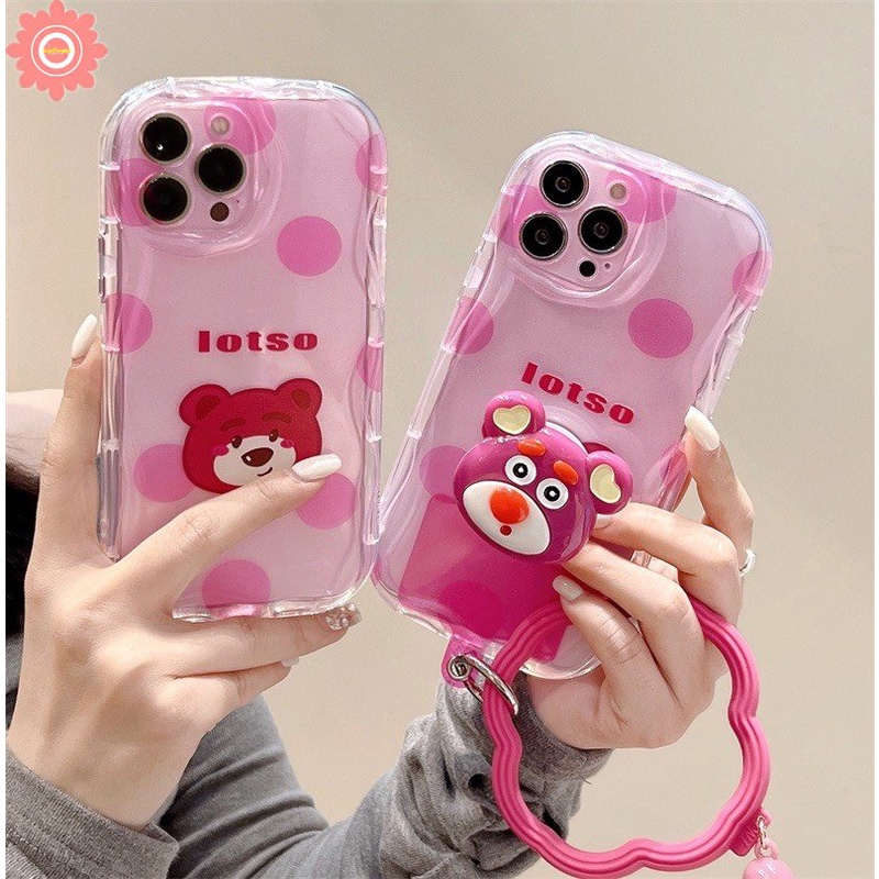 Case Holder Ponsel Beruang Strawberry Kartun Kompatibel Untuk iPhone 7Plus 11 14 13 12 Pro Max7 8 6s 6 Plus XR X XS Max SE 2020 3D Wavy Curved Edge Soft Cover Dengan Bracket Manyo Lucu