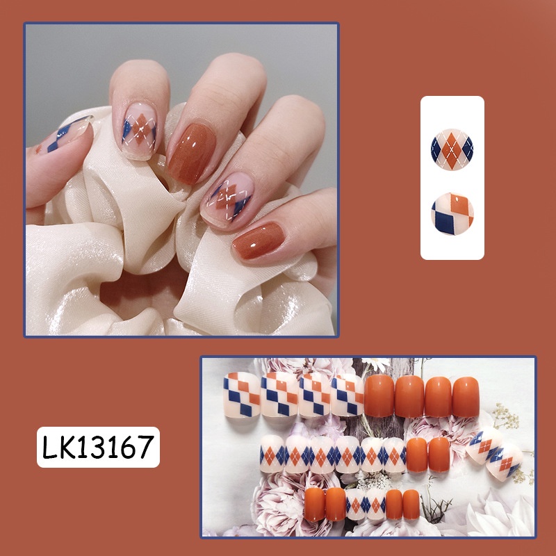 13167retro Simple Rhombus Wearable Nail Art Patch Detachable Nail Patch Kuku Palsu Wearable Nail Art Produk Jadi 24biji
