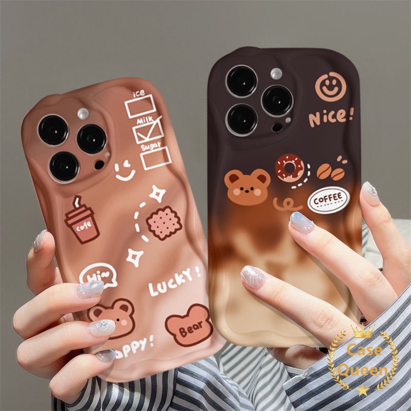 Kartun Kreatif Teh Susu Beruang Glossy Lucu Smiley Case Untuk Redmi 9C NFC 9C 10a2 A1 9A 10A Redmi Note8 11s 9 11 Gradiasi Beruang Kopi Donat Telepon 3D Wavy Curved Edge Soft Cover