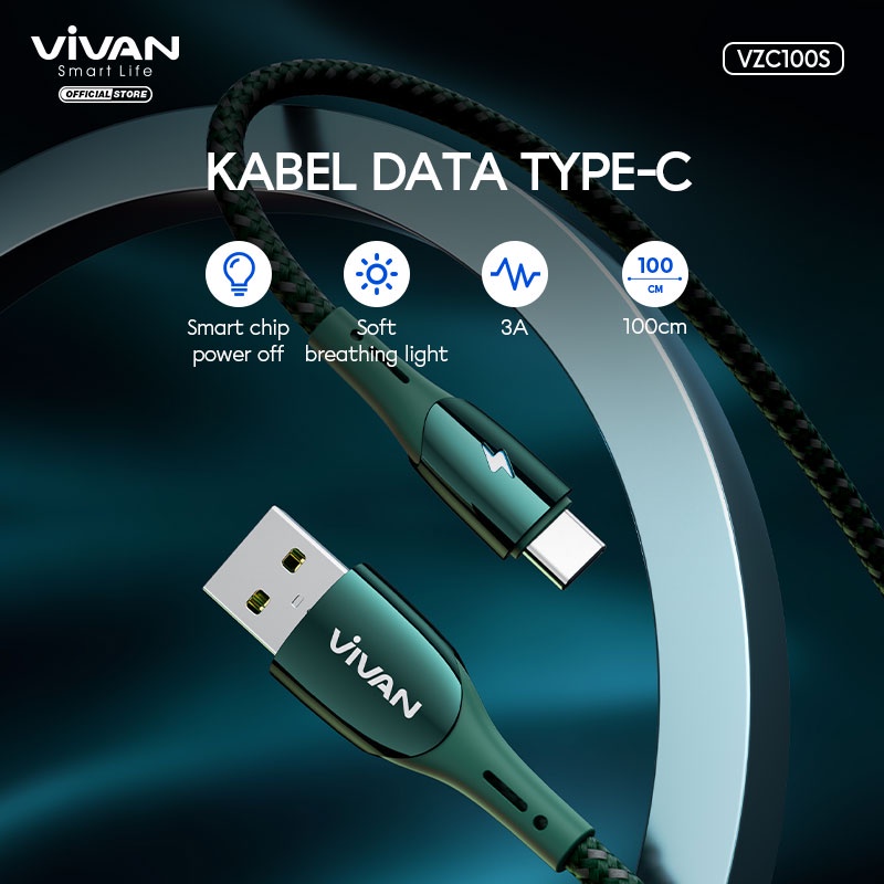 VIVAN Kabel Data Type-C VZC100S NEW 3A Smart Chip Automatic Power-Off QC3.0 100CM Garansi Resmi 1 Tahun