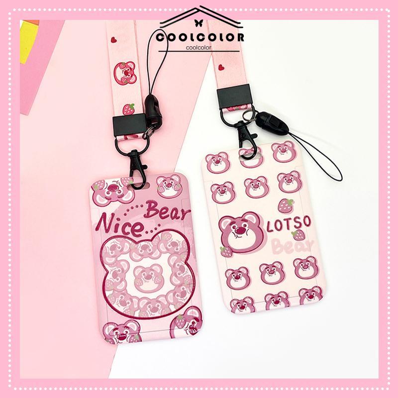 COD❤️Strawberry Bear Slid Cover Plastik Kartun Set Kartu Mahasiswa Kampus Kartu Tali Panjang Pelindung- cl