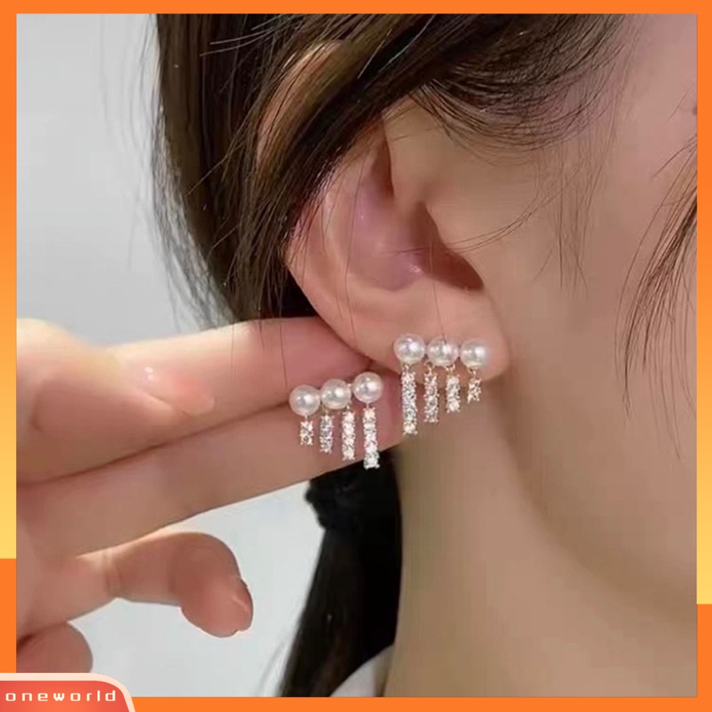 [WOD] 1pasang Ear Studs Elegan Mengkilap Berlian Imitasi Bertatahkan Berkilau Geometris Hias Hadiah Wanita Mutiara Imitasi Rumbai Menjuntai Stud Earrings Perhiasan Untuk Perjamuan