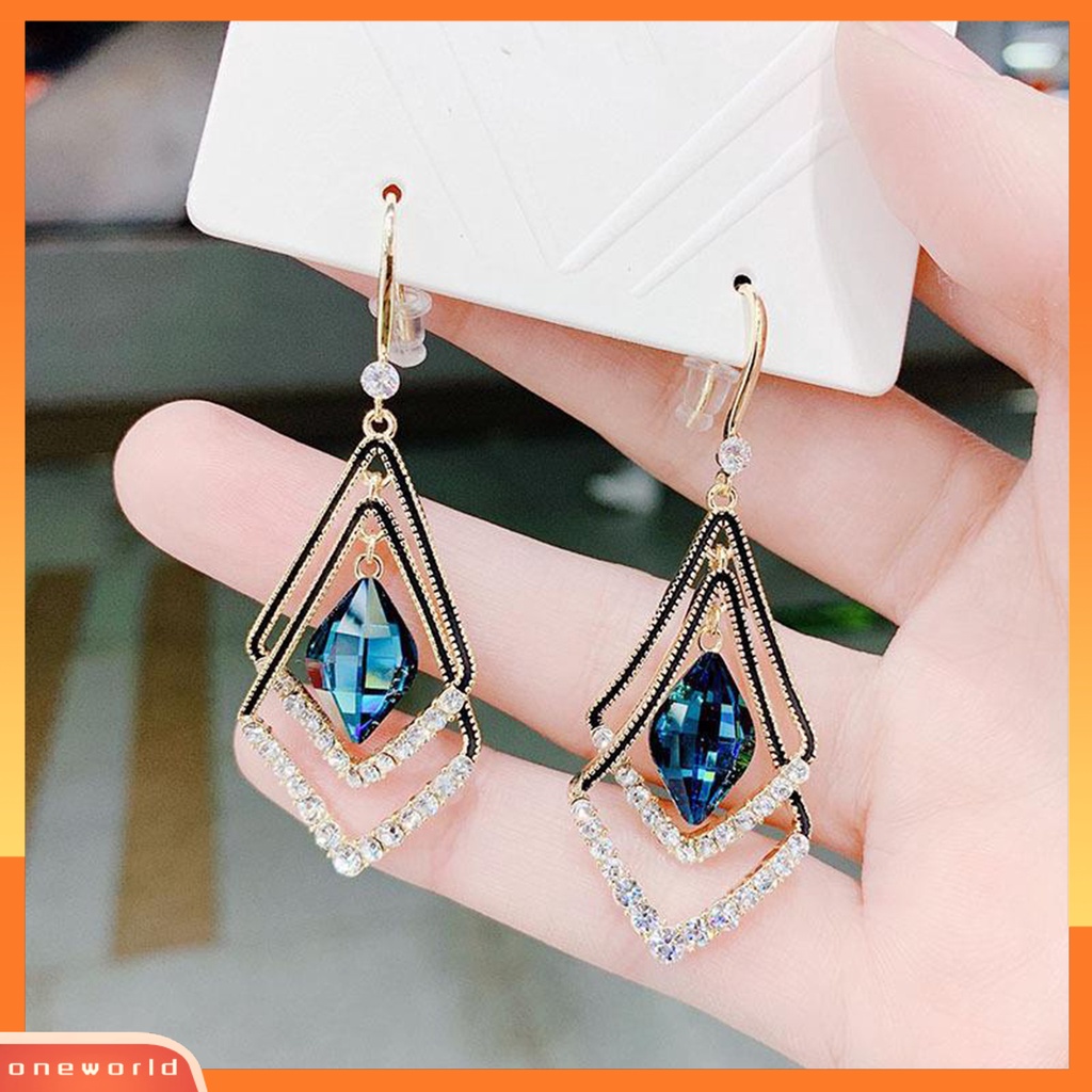 [WOD] 1pasang Anting Wanita Double Layer Belah Ketupat Berlian Imitasi Perhiasan Berkilau Electroplated Hook Earrings Untuk Perjamuan