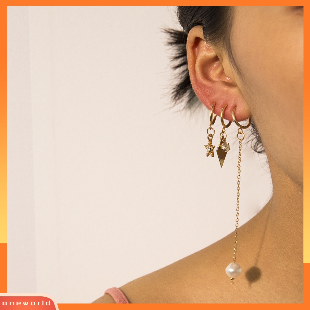 [WOD] 3 /4 Pcs Wanita Berlian Imitasi Bintang Geometri Menjuntai Telinga Studs Huggie Earrings Jewelry