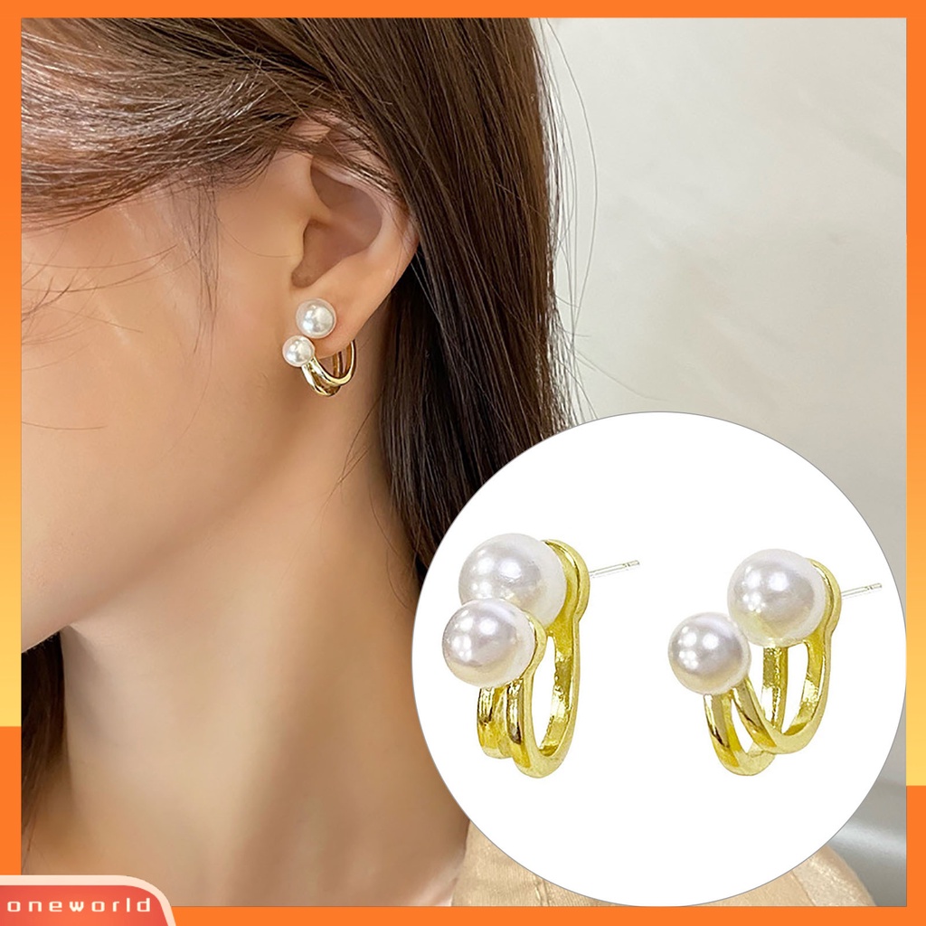 [WOD] 1pasang Anting Lady Mutiara Imitasi Simple Double-layer Anggun Stud Earrings Untuk Hadiah