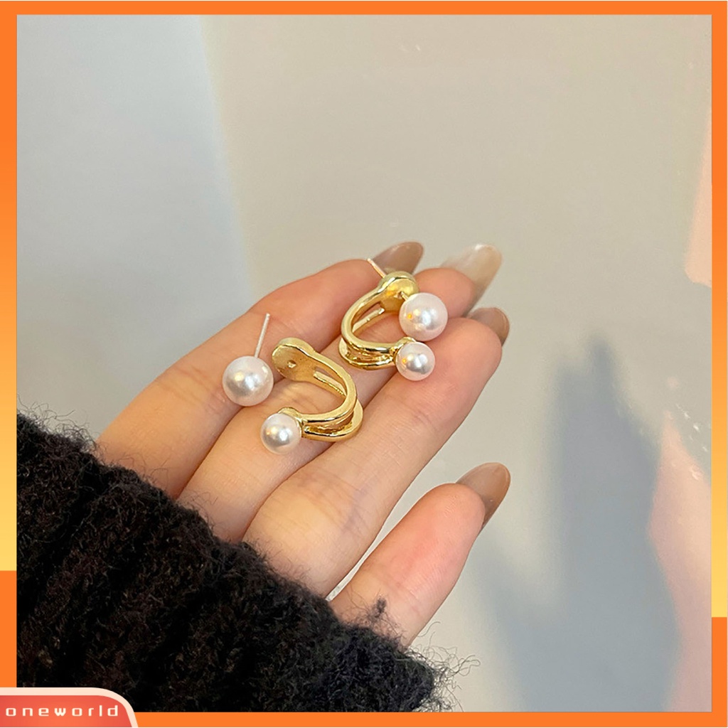 [WOD] 1pasang Anting Lady Mutiara Imitasi Simple Double-layer Anggun Stud Earrings Untuk Hadiah