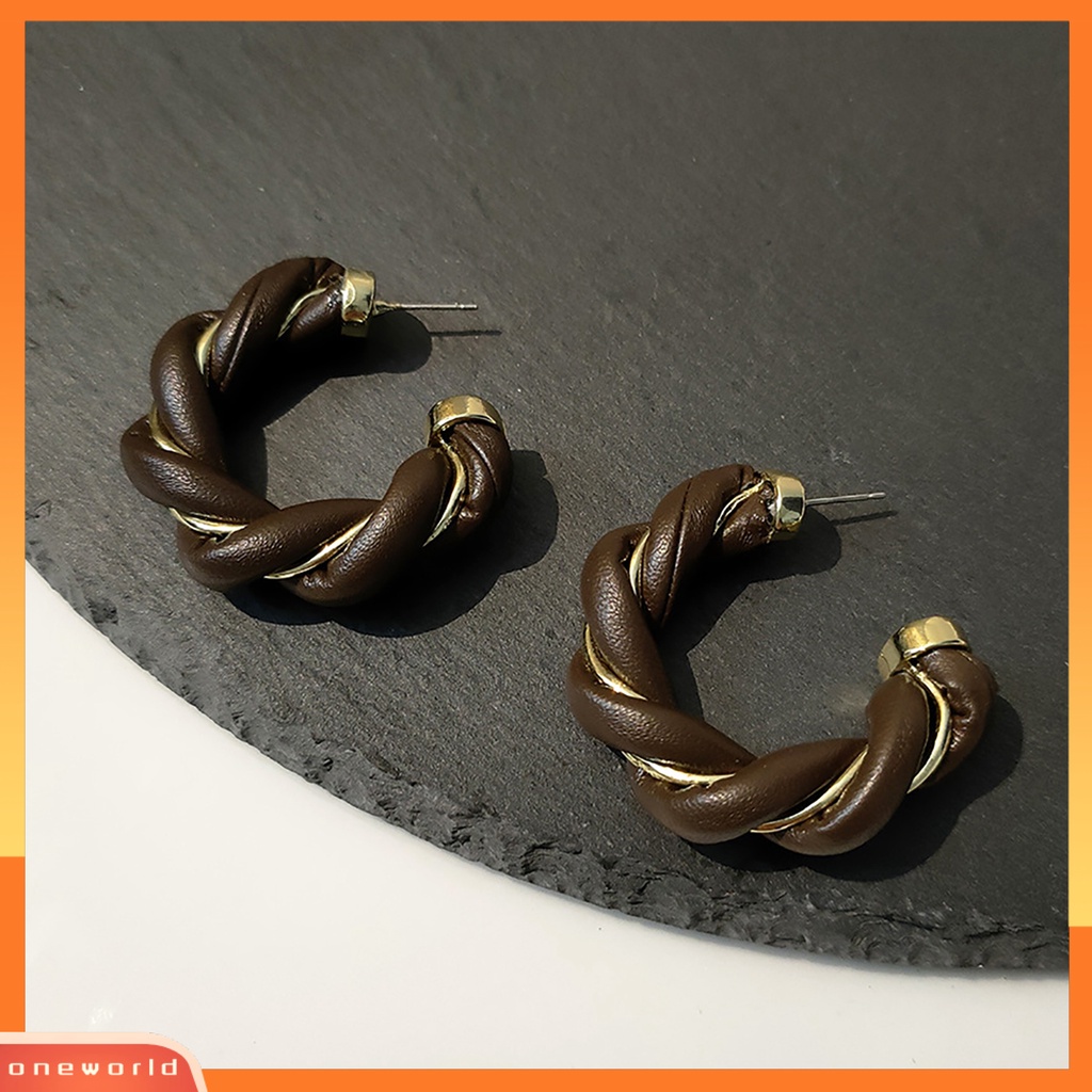 [WOD] Memutar Dikepang Hoop Wanita Anting Kulit Imitasi Berliku Elegan Stud Earrings Fashion Perhiasan