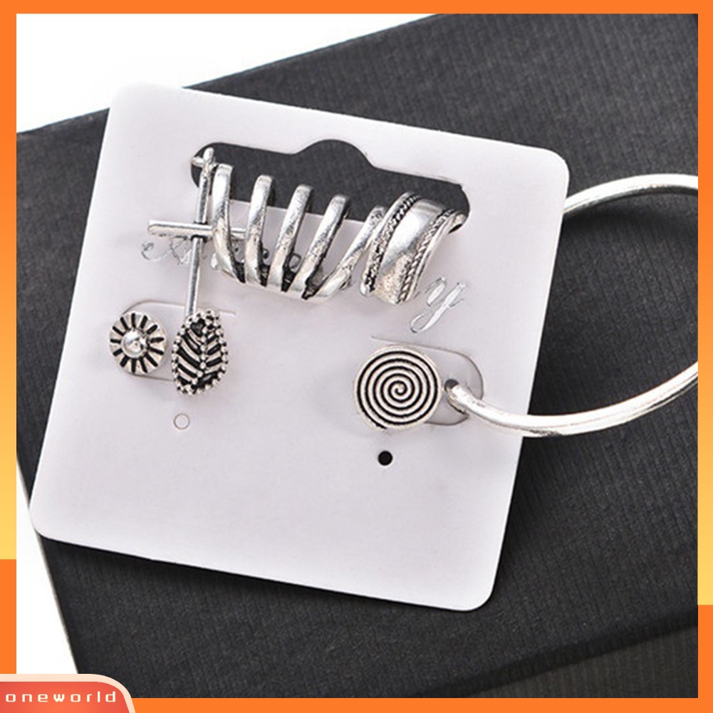 [WOD] Anting Etnik Boho Set Antik Ukir Daun Lingkaran Silang Telinga Klip Lady Jewelry