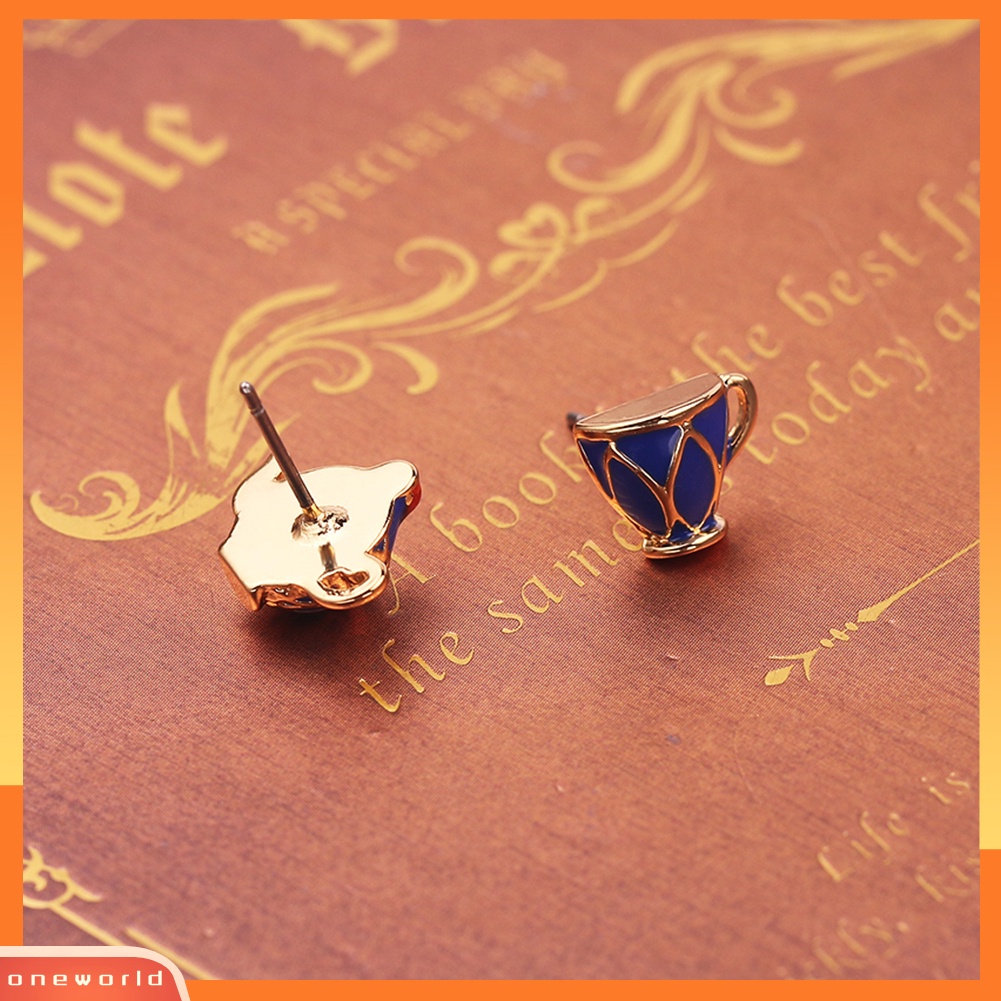 [WOD] Vintage Enamel Asimetris Teko Cangkir Liontin Wanita Stud Earrings Hadiah Perhiasan