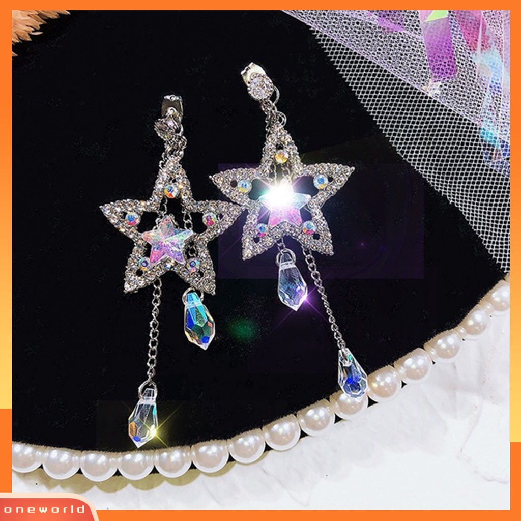 [WOD] Anting Stud Juntai Rumbai Rantai Bintang Hias Cubic Zirconia Wanita Elegan Untuk Pakaian Sehari-Hari Perempuan