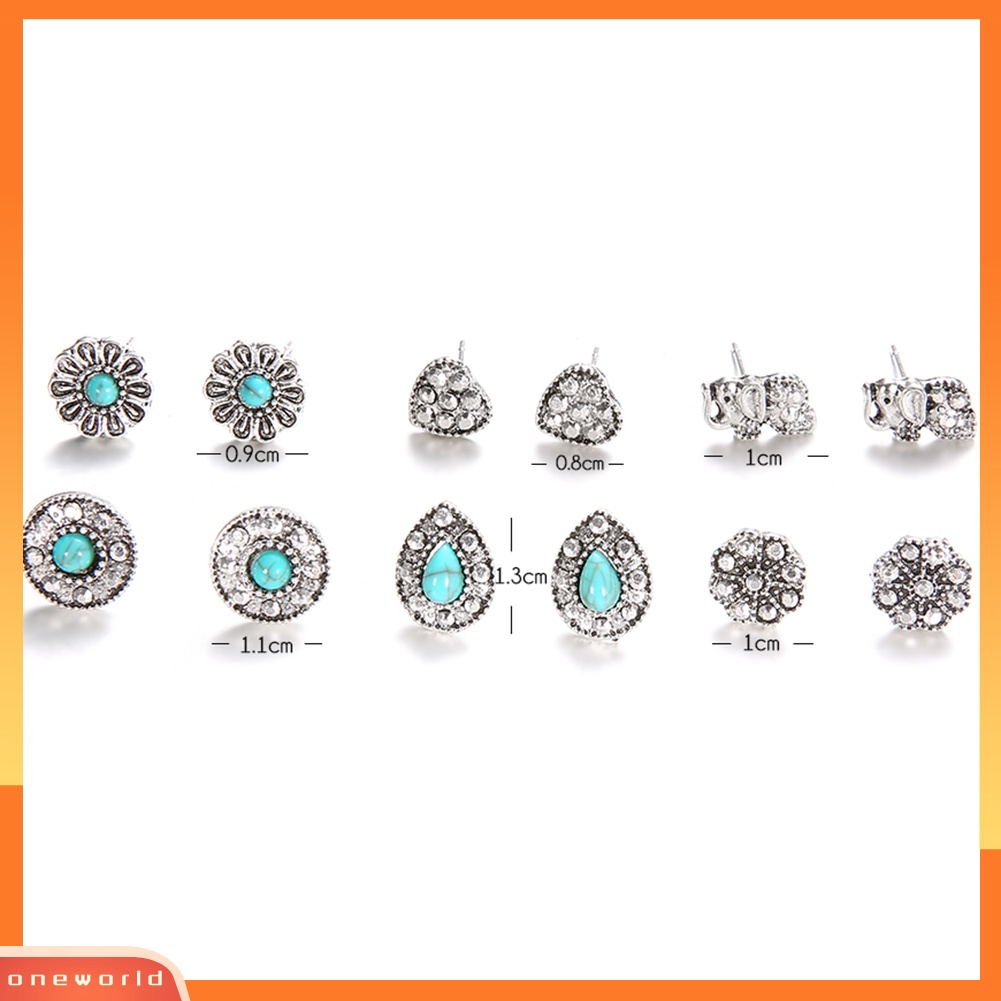 [WOD] 6pasang /Set Boho Gajah Cinta Hati Pirus Stud Anting Wanita Perhiasan Hadiah