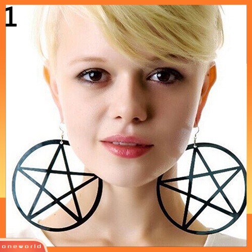 [WOD] Punk Vintage Besar Berongga Pentacle Bulat Menjuntai Statement Earrings Ear Studs