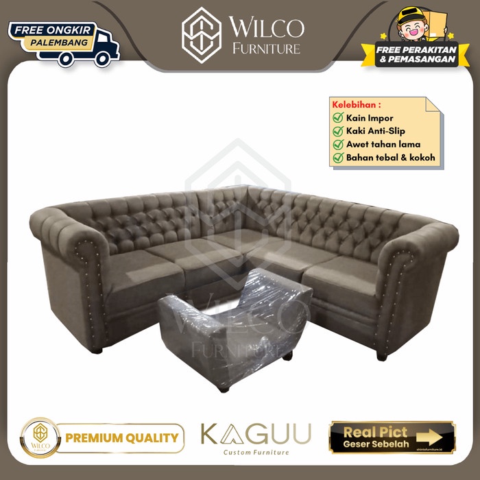 Sofa L Kancing Custom KAGUU / Sofa L Oscar Abu Sintetis / Sofa Empuk