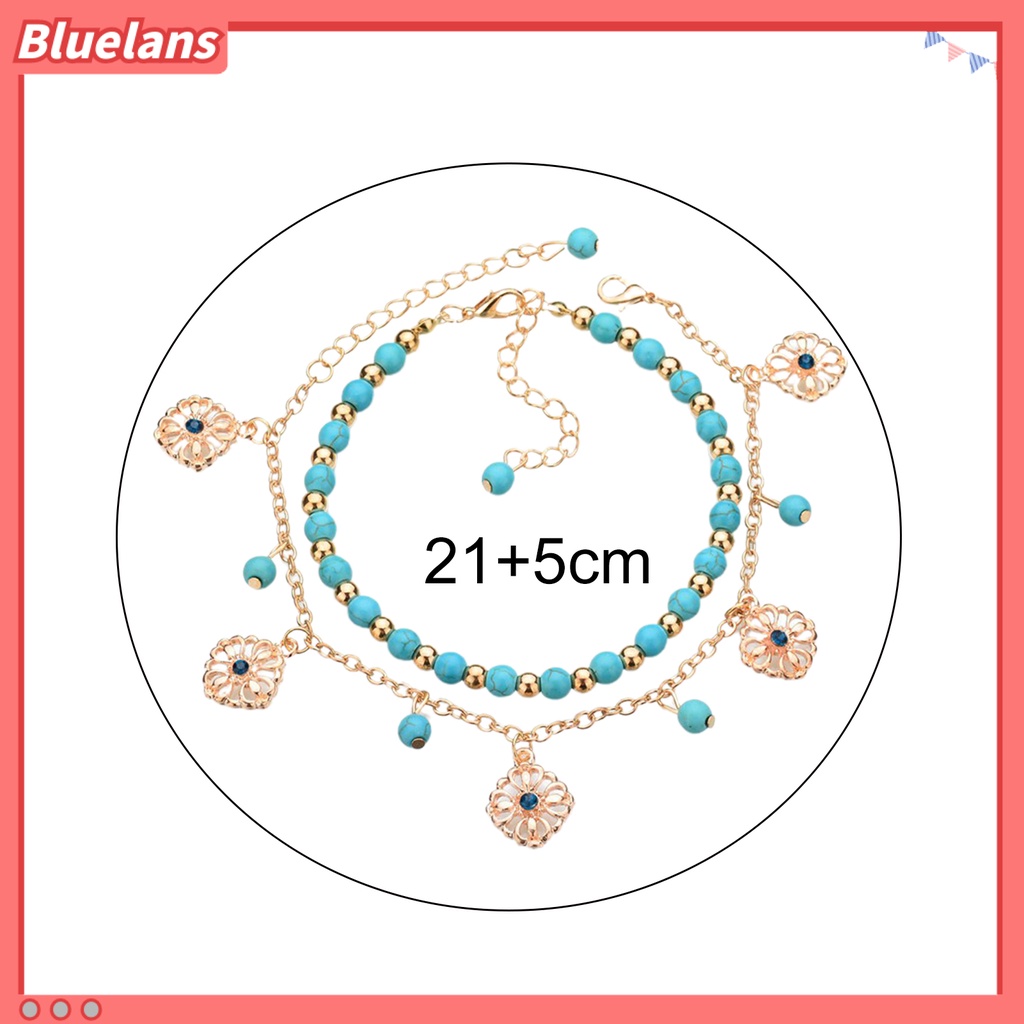 [BLS] 2pcs /Set Gelang Kaki Kristal Imitasi Adjustable Alloy Bohemian Faux Turquoise Bead Gelang Kaki Pantai Untuk Pantai