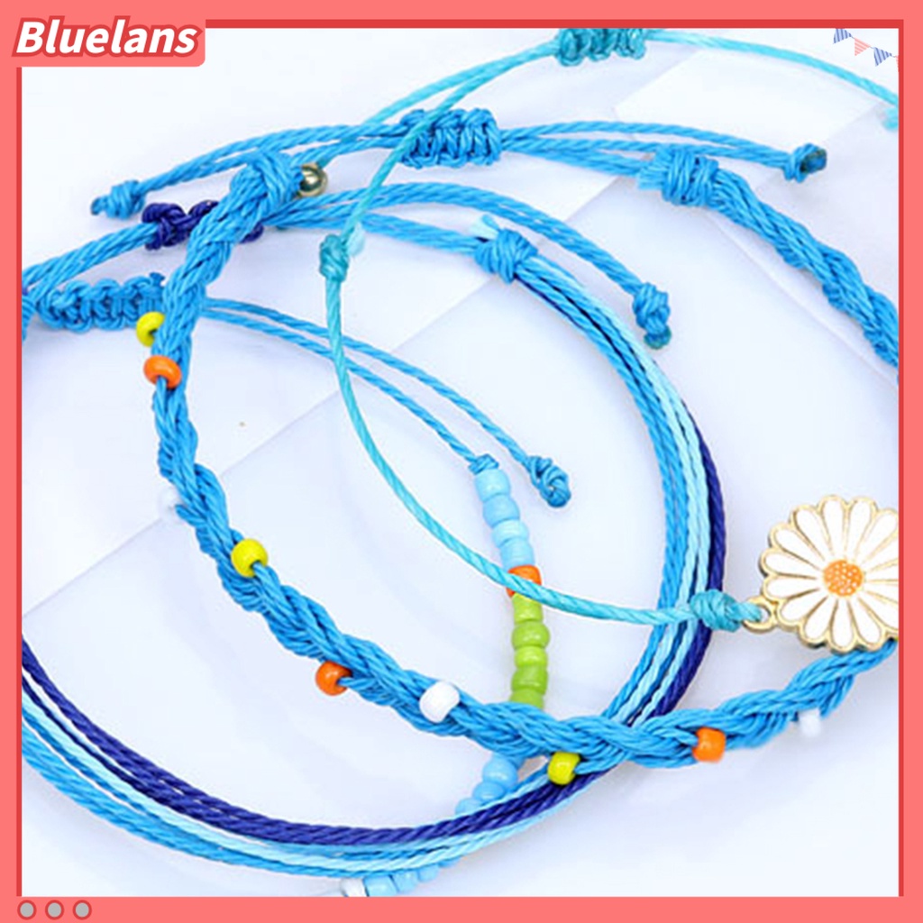 [BLS] 4pcs Wanita Gelang Gaya Bohemian Paduan Tahan Air Tenun Tangan Gelang Braided Bangle Dengan Liontin Set Hadiah Ulang Tahun