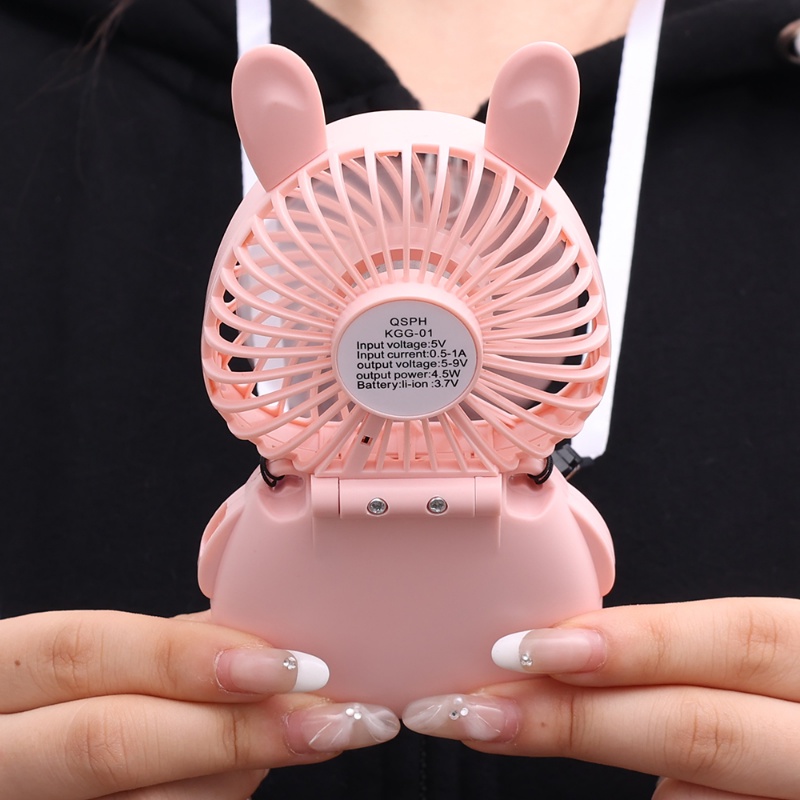 Kipas Genggam Bentuk Kelinci Dengan Lanyard Leher Gantung/ USB Rechargeable Foldable Desktop Mini Cooling Fan