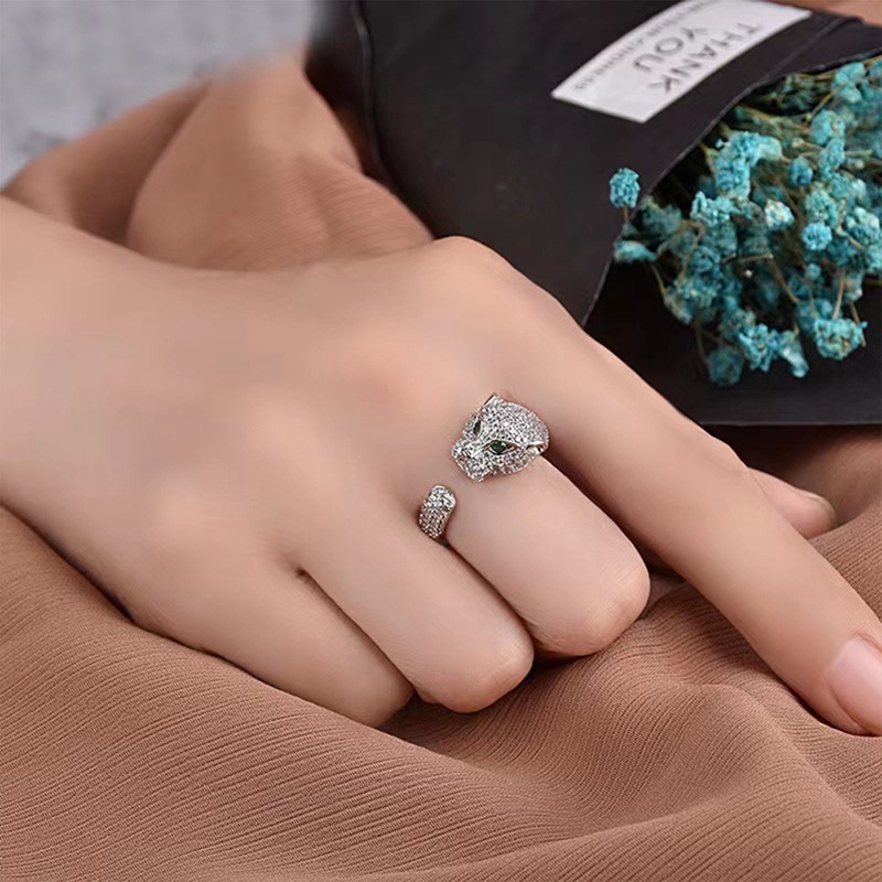 Leopard Panther Kepala Mata Hijau Pembukaan Cincin Micro-Hias Crysyal Berlian Imitasi Zirkon Untuk Unisex Pernikahan Pertunangan Pesta Perhiasan